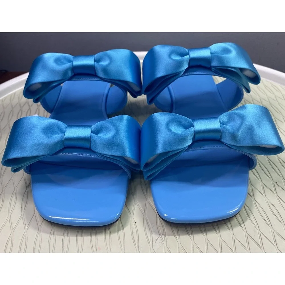 Aminah Abdul Jillil Jody Bow Flat Sandal Blue Square Toe Slide 9M Satin Shoe NWB